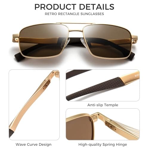SUNGAIT Classic Rectangle Sunglasses Men Adjustable Anti-slip Temple Polarized UV400 Protection for Driving Fishing Golf(Gold Frame/Brown Lens) - Thumbnail 2