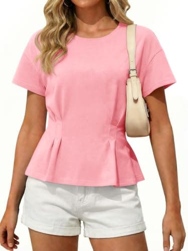 Tankaneo Womens Workout Peplum Tops Babydoll Summer Short Sleeve Pleated T-Shirts Casual Loose Fit Flowy Tshirts Light Pink - Image 1