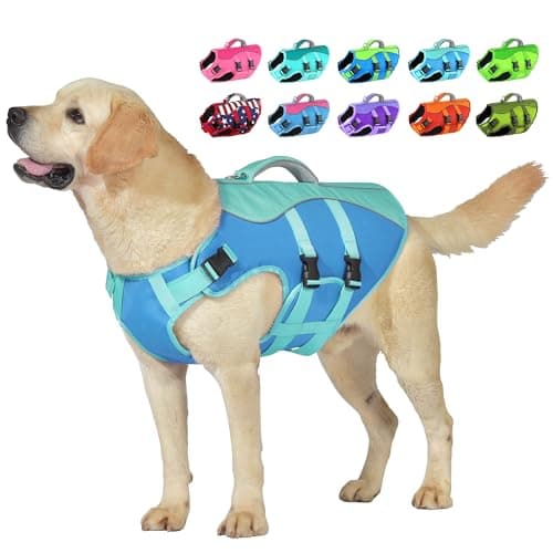 Petglad Dog Life Jacket, High Buoyancy Dog Life Vest with Handle for Swimming Boating, Adjustable Swimming Vest with Reflective Trim for Small Medium Large Dogs - Blue, XL