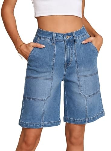 Sidefeel Womens Shorts High Waisted Stretchy Trendy Wide Leg Bermuda Shorts Casual Loose Fit Summer Denim Jorts with Pocket Light Blue Size 12 - Image 1