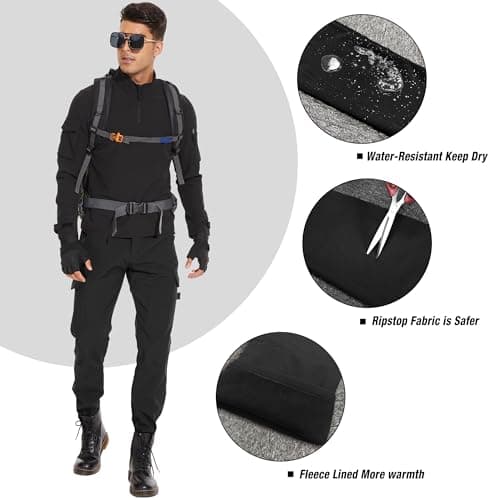 Hiking Snow Pants for Men - Fleece Lined Windproof Warm Cargo Pants Black - Thumbnail 5