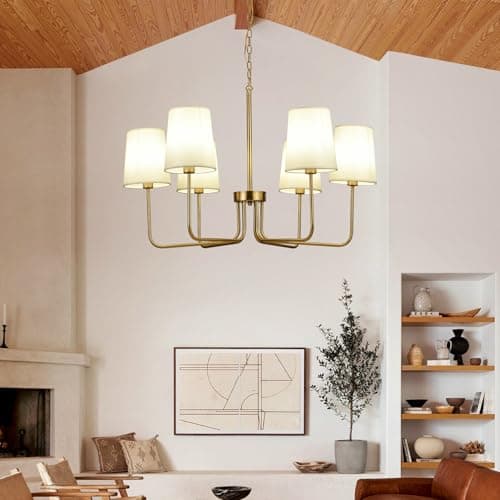 Omgomne Brushed Gold Farmhouse Chandelier with White Fabric Shades, 29.5” 5-Light Modern Dining Room Light, Vintage Rustic Hanging Pendant Lamp for Kitchen Island, Bedroom, Living Room, E12 Base - Thumbnail 3