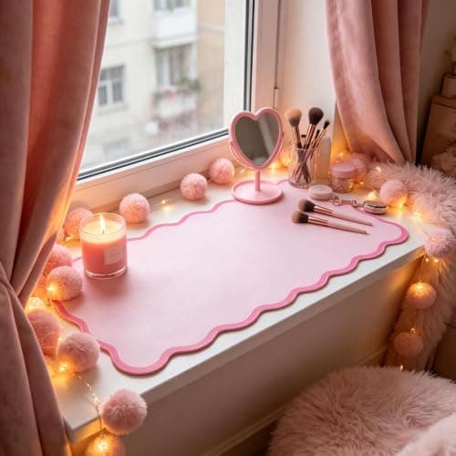 yuboo Pink Scalloped Desk Mat, 31" x 15.7" Large Waterproof Pastel Desk Mat Kawaii Cottagecore Aesthetic Desk Pad Desktop Keyboard Mouse Mat for Dorm Office Gaming Decor - Thumbnail 5