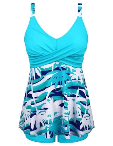 Firpearl Ladies Swimsuits for Older Women Tummy Control Two Piece Modest Bathing Suits Flowy Skirt Top with Boyshorts L/US10-12 Sky Blue - Thumbnail 6