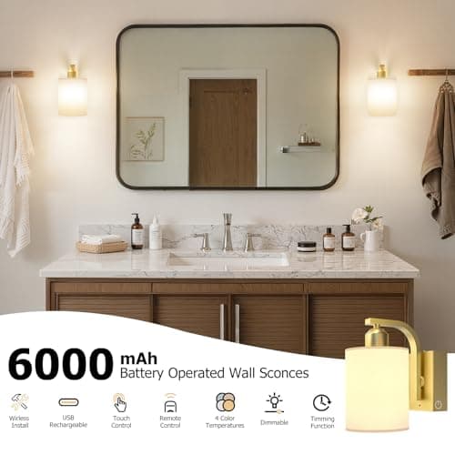 iThird Battery Operated Wall Sconces Set of 2: 6000mAh Rechargeable Wall Light with Touch and Remote, Wireless Wall Lamp for Bedroom, Gold Modern Cordless Wall Scones for Living Room Hallway Bathroom - Thumbnail 2