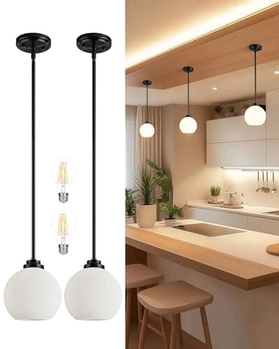 Majade Globe Pendant Lights Mid Century Modern Kitchen Island Pendant Light Fixtures 7.4 Inch Black Brass Pendant Lighting with Milk Glass Adjustable Hanging Light Fixtures for Dining Room(2 Pack) - Image 1