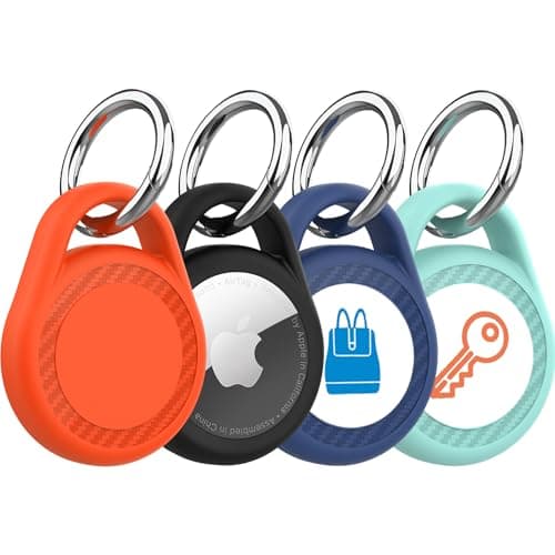 4 Pack for Waterproof AirTag Holder with Icon Stickers, Protective Case with Keychain for Apple AirTag, Anti-Scratch Cover for Air Tag for Keys, Luggage, Backpacks (Black&Navy&Orange&Mint)
