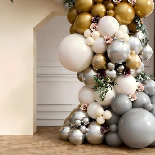 Silver Grey Balloon Garland Arch Kit 143Pcs Sand White Grey Metallic Silver Gold Latex Balloons for Bridal Shower Anniversary Engagement Wedding Birthday Party Decorations - Thumbnail 5