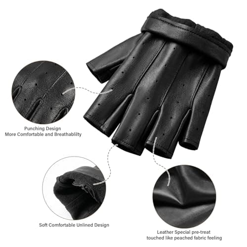 Aegend Large Sheepskin Fingerless Driving Gloves, Breathable Premium Leather Gloves, Black Motorcycle & Cycling Gloves for Men and Women - Thumbnail 4