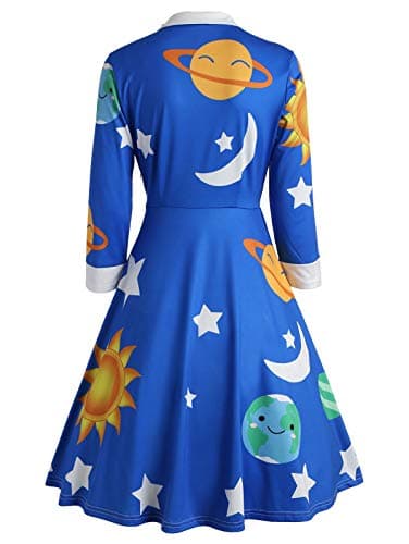 ZEZCLO Women's Long Sleeve Peter Pan Collar A-line Dress Halloween Costume Vintage Solar System Fit and Flare Dresses Blue XL - Thumbnail 4