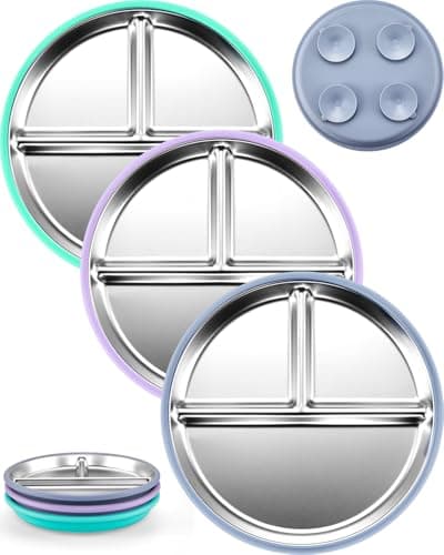 MIMORE Stainless Steel Kids Plates - 3 Pack 9.25" Stainless Steel Baby Plates with Suction - Non Toxic & BPA Free - Image 1