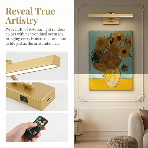 JOOSENLUX Dimmable Battery Operated Picture Light - Wireless Art Display, Single-Rod Swing Arm LED Fixture - Adjustable 16" Long Gold Wall Light for Paintings. - Thumbnail 4