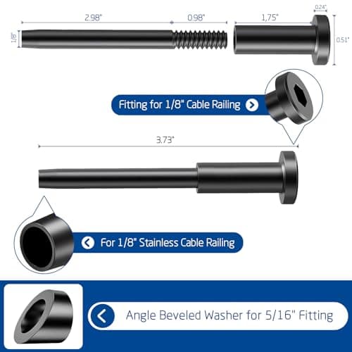 Cable Railing Kit, 100 PCS 1/8" Black Stainless Steel Invisible Receiver and Swage Stud End & 10 PCS 5/16" ID Black Angle Washers for Cable Railing, Cable Railing Hardware for Wood/Metal Post, Wrench - Thumbnail 3