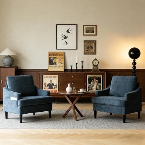 XYPFURN Accent Chairs Set of 2 for Living Room, Mid Century Modern Reading Chair with Side Storage Pocket, Comfy Upholstered Armchair with Solid Wood Legs for Bedroom, Office, Waiting Room (Navy) - Image 1