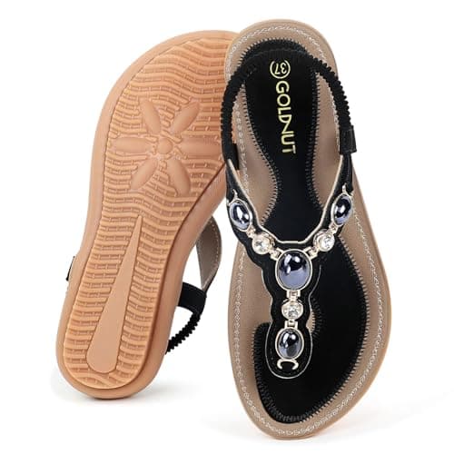 Goldnut Flat Sandals for Women Summer Comfortable T-Strap Rhinestone Dressy Casual Beach Slingback Shoes Black Size 7.5 - Image 1