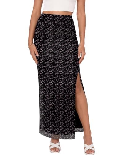 Trendy Queen Floral Long Skirts for Women Trendy Mesh Y2k Skirt Bodycon Dress Vacation Outfits Summer Clothes 2026 Black Purple Floral XL - Image 1