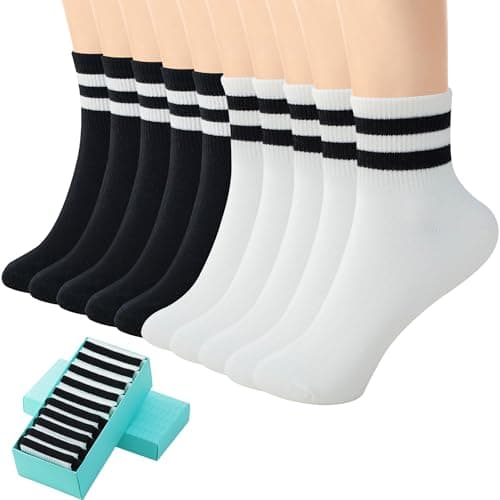 SISOSOCK Quarter Crew Cotton Socks for Women Striped Athletic Casual Breathable Socks 10 Pairs with Gifts Box - Image 1