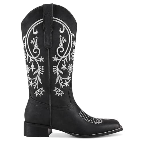 UJPFEO Cowboy Boots for Women Mid Calf Cowgirl Boots Square Toe Pull On Low Chunky Heel Embroidery Western Boots - Thumbnail 4