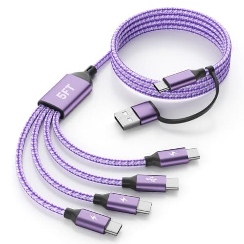 Jogrytece Upgrade 4 in 2 Multi Charging Cable, USB C to USB C Cable with 4 X Type-C, Travel Holiday Essentials Phone Charger Cord for iPhone 17/16/15, Galaxy, Android (1Pack 5FT), Purple