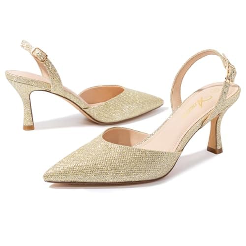 Athlefit Closed Pointed Toe Kitten Heels for Women Dress Work Wedding Party Slingback Stiletto Pumps Shoes Gold, Size 10, SAPU2606W - Thumbnail 5