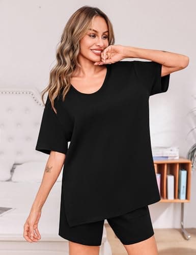 Totatuit 2 Piece Outfits for Women Short Set Summer Casual Loose Fit Loungewear Sets Soft Pajamas for Airport Travel Black Large - Thumbnail 2