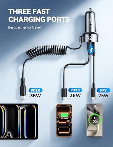 72W Car Charger USB C for iPhone 17/16, 36W Super Fast Charging Type C Coiled Cable for iPhone 17/16 Pro Max Plus/Samsung S25/S24/S23/Pixel 10 Car Phone Charger Adapter for Pixel/Android, iPad Pro - Thumbnail 3