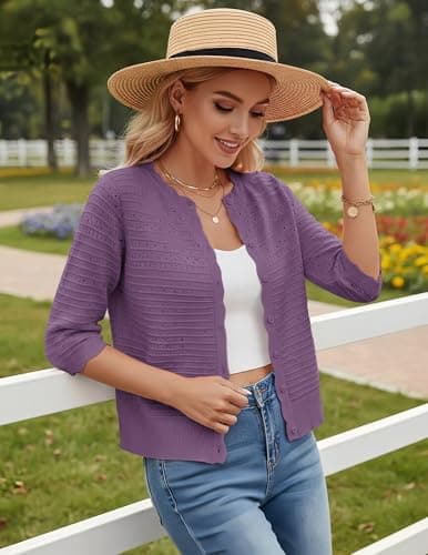 GRACE KARIN Womens Short Sleeve Cardigan Sweater, Lightweight Cotton Cardigan Trendy, Open Front Bolero Shrugs Purple - Thumbnail 2
