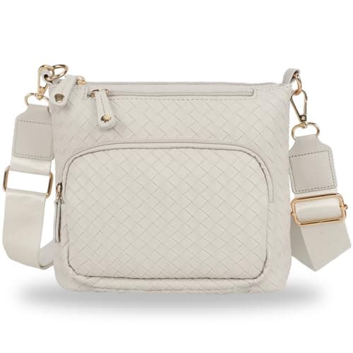 U+U Woven PU Leather Crossbody Bags for Women, Multi Compartment Shoulder Handbag with Adjustable Wide Strap and Removable Zipper Pouch (Beige) - Image 1