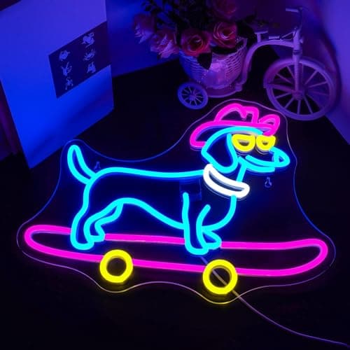 Lucunstar Dachshund Neon Sign Skateboard Dog Neon Light up Sign USB Adjustable Neon Lights Art Wall Decor LED Sign for Bedroom Shop Pet Lovers Gift - Thumbnail 2
