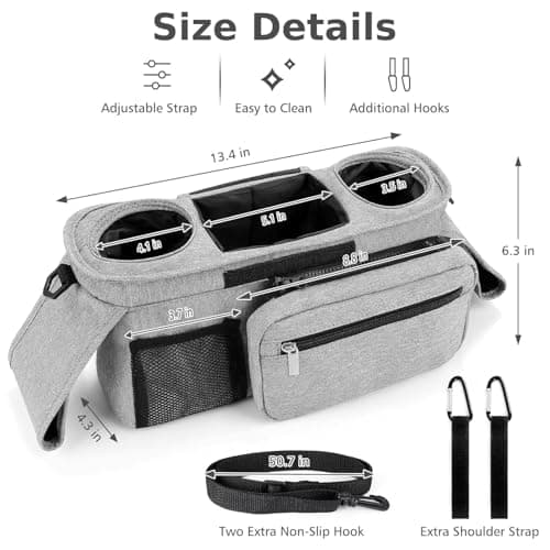HFLYJPYW Universal Stroller Organizer with Insulated Cup Holder Detachable Phone Bag and Carry Strap Fits Uppababy, Baby Jogger, Britax, BOB, Umbrella and Pet Stroller and more (Light gray) - Thumbnail 2