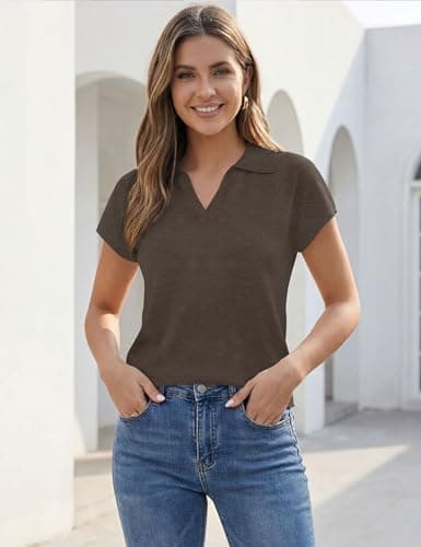LaGracia Short Sleeve Sweaters for Women Business Casual Collared Cropped Polo Sweaters Lightweight Wool Blend Crop Tops Spring Summer Outfits Brown XL - Thumbnail 3