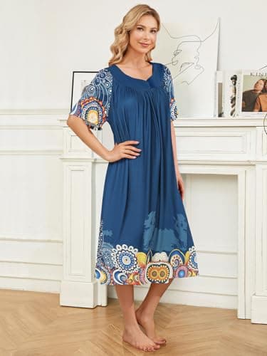 udforsk Old Lady Nightgowns House Dresses for Women With Pockets Summer Mumu Duster Housecoat Muumuu Dresses Patio Dress Cotton Night Gowns For Adult Women Blue Mandala L - Thumbnail 4