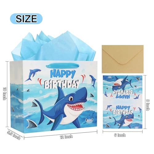 Birthday Gift Bags for Boys Girls - Blue Shark Birthday Gift Bag Ocean Gifts Bag Set for Boy Girl Big Brother Sister Durable Cartoon Shark Greeting Card Envelope 3 Tissues Paper Gift Wrapping 12 Inch - Thumbnail 3