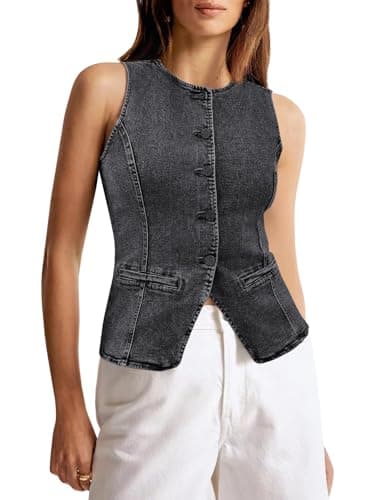 Tankaneo Womens Button Down Denim Vest Tops Sleeveless Fitted Jean Tank Tops Summer Trendy Casual Waistcoat - Image 1