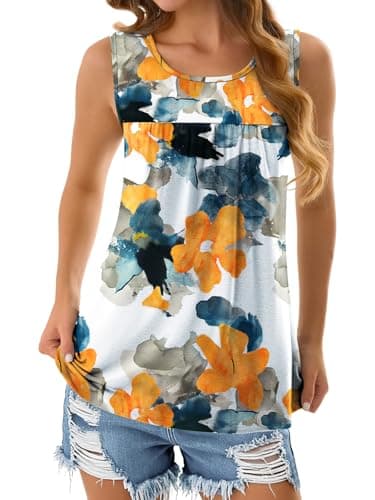 NORACORA Womens Summer Tank Tops Sleeveless T Shirt Casual Loose Fit Tunic Blouses Yellow Floral XXL - Thumbnail 4