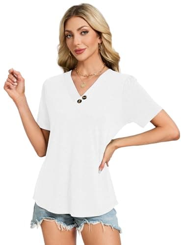VUTRU Womens Tunic Tops V Neck Blouse Puff Short Sleeve Cute Summer Shirts Loose Flowy Work Casual Beach Travel Holiday, White L - Thumbnail 6