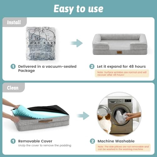 COZY KISS Cooling Dog Bed for Medium Small Size Dogs, Q-Max >0.4 Summer Cool Pet Bed, Orthopedic Foam Dog Sofa with Sides, Bolster Anti-Slip Couch with Washable Removable Cover, M 30x20x6 inch, Grey - Thumbnail 5