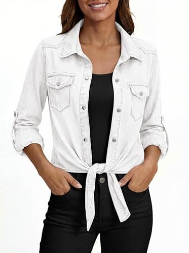 PRETTYGARDEN Womens Tie Knot Front Snap Button Jean Shirts Chambray Snap Button Cardigan Summer Tops for Women Trendy Jacket (White, XX-Large) - Thumbnail 3