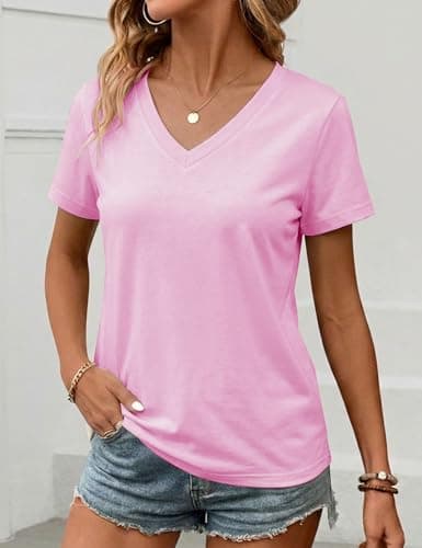 LaGracia Women's Cotton T Shirt V-Neck Short Sleeve Shirt Classic-Fit Casual Breathable Tee Summer Basic Tops Pink M - Thumbnail 4
