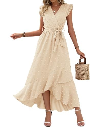 BTFBM Boho Dresses for Women 2026 Summer Fashion Cap Sleeve Swiss Dot Flowy Ruffle Beach Wedding Cocktail Maxi Dress(Beige, Medium) - Image 1