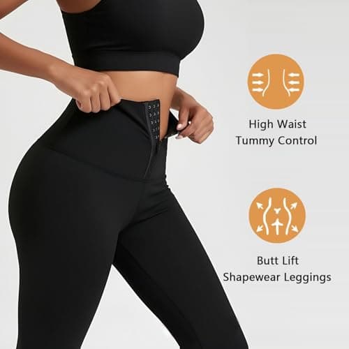 JSEMOY High Waist Compression Leggings with Waist Trainer, Black Athletic Workout Pants, Womens Yoga Tights Shapewear (US, Alpha, X-Large, Regular, Regular, Black) - Thumbnail 5