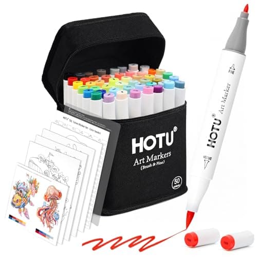 HOTU Beginner's Choice 50 Colors Alcohol Markers with 4 Coloring Cards, Brush & Fine Tip Art Marker Set for Artists, Adult Coloring, with Non-Bleeding Pad - Image 1