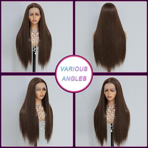 Barbique Chocolate Brown Synthetic Lace Front Wig, 13x6 Hd Lace Wig Glueless Synthetic Heat Resistant Long Straight Brown Wig Deep Parting with Baby Hair 26 Inch Suitable For Everyday Wear - Thumbnail 6