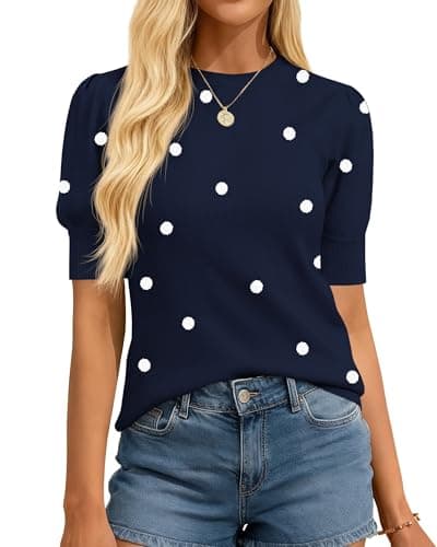 BTFBM Womens Tops Polka Dot Puff Short Sleeve Sweater for Women Crewneck Knit Summer Tops Business Dressy Casual Blouses(Navy, X-Large) - Image 1