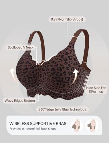 OEAK Women Jelly Bras No Underwire Scalloped Push Up Buttery Soft Tshirt Bra Seamless Full Coverage Convertible Everyday Bra Leopard Coffee,4XL - Thumbnail 5