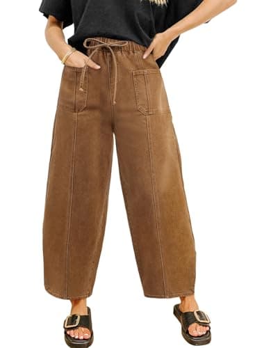 Sidefeel Womens Baggy Wide Leg Jeans Elastic Waist Drawstring Front Seam Ankle High Waisted Barrel Jeans Brown Size 16 - Image 1