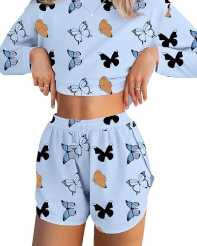 JUSTFASHIONNOW Womens Long Sleeve Pajama Sets Cute Lounge Set 2 Piece Crew Neck Butterfly Print Sleepwear Comfy Split Short Pajama Set Soft Fall Outfits Loungewear Cozy Pj sets (Blue, Large) - Image 1