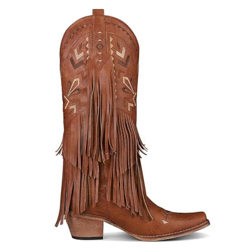SaraIris Women's Cowgirl Boots Knee High Fringe Boots Tassel Western Boots Classic Embroidered Boots Chunky Heel Pointed Toe Pull On Cowboy Boots for Women - Thumbnail 5