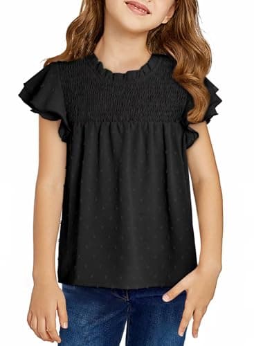 DOKOTOO KIDS Girls Dressy Tops Teen Short Sleeve Shirts Tween Ruffle Polka Swiss Dot Fashion Tee Summer Blouse Casual Trendy Crew Neck Loose Fancy Tee Outfit Black Size 14 15 16 Years - Image 1