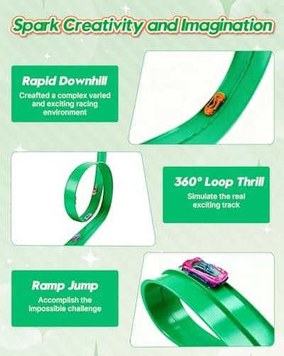 MATELOTI Flex Track 15 Ft Flex Race Car Track with 6 Toy Cars, Portable DIY Racetrack Compatible Diecast 1/64th Cars for Ages 3 Up with Suction Cups, Birthday Gifts for Boys(Green) - Thumbnail 6